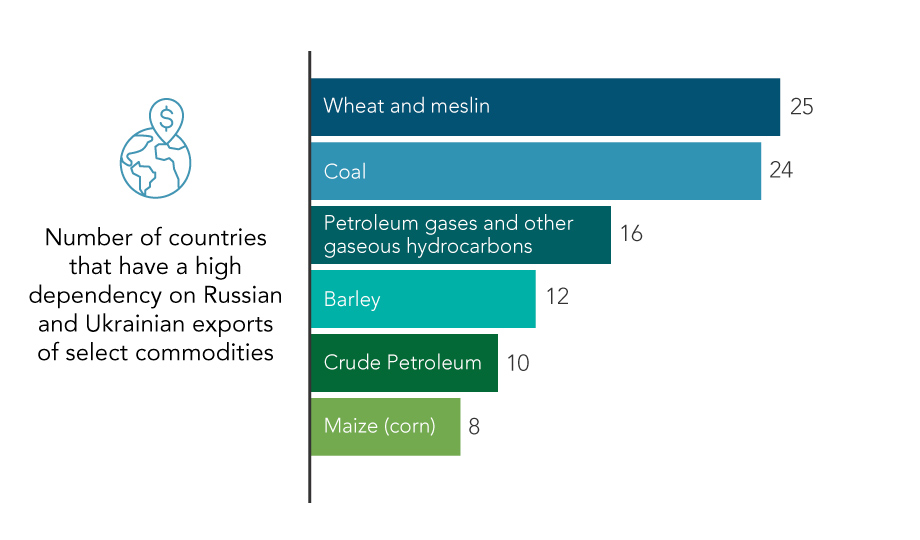 bar chart illustrating number of countries that are dependent on Russia and Ukranian exports of certain commodities