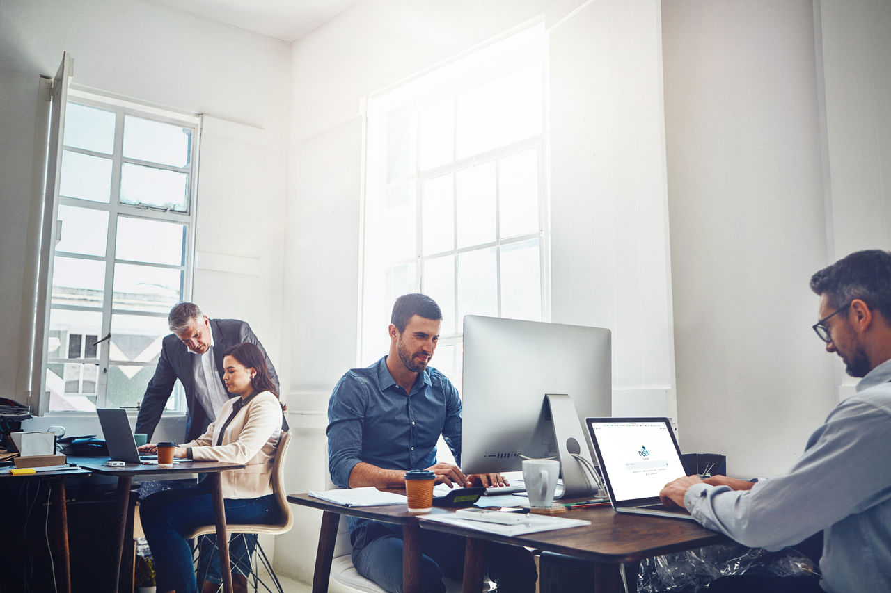 photo of business workers in an office, working on laptops