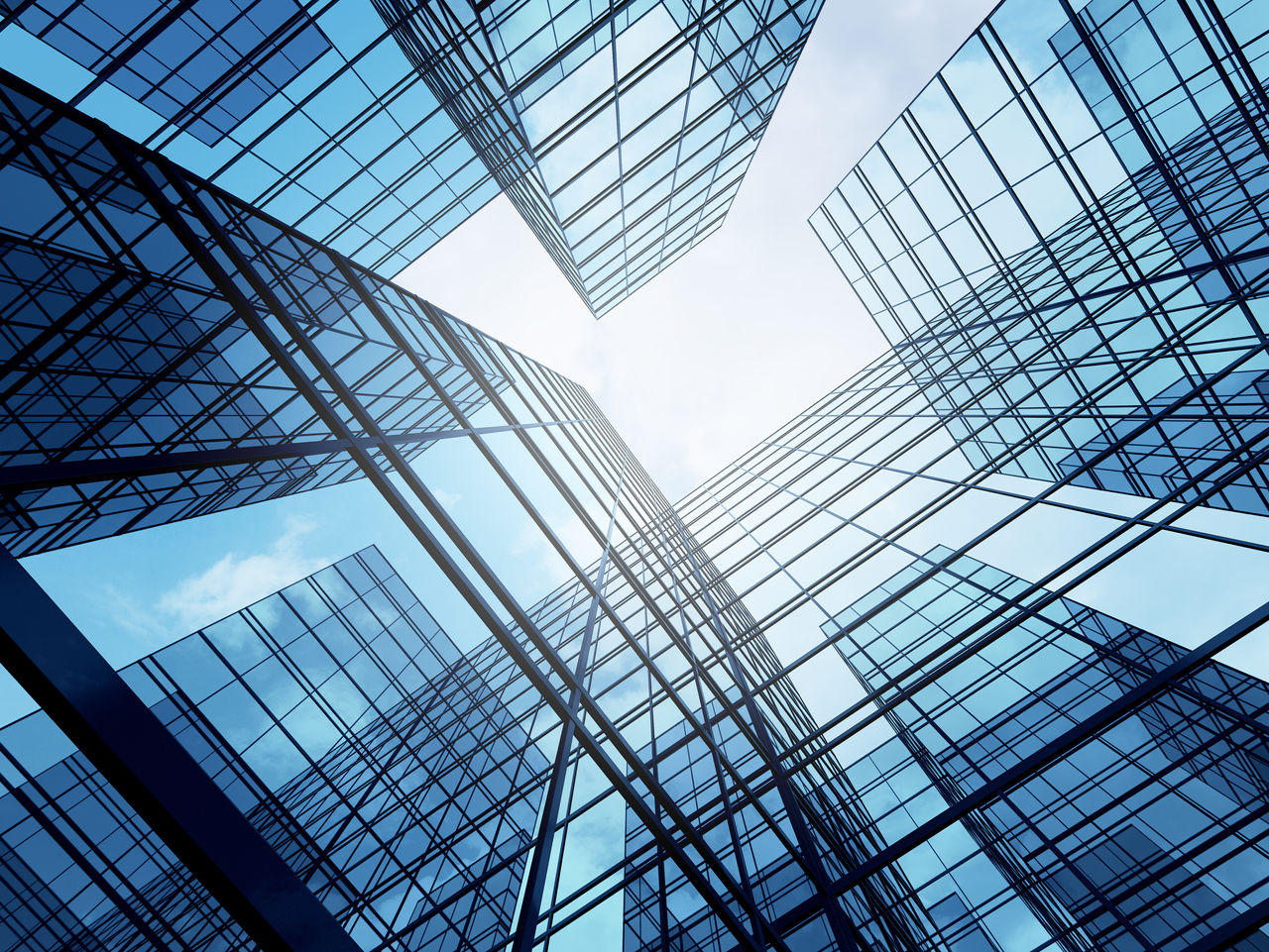 View of high rise glass building and dark steel window system on blue clear sky background,Business concept of future architecture,looking up to the sun light on the top of building. 3d render