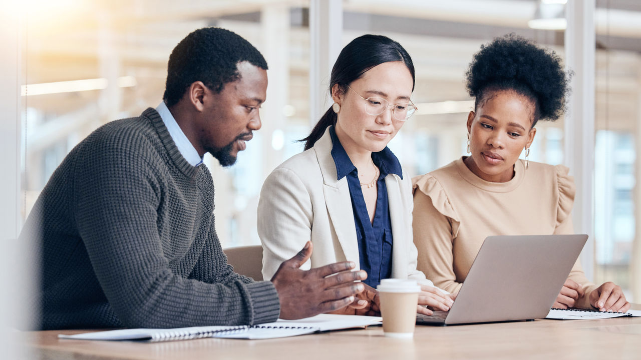Investors looking at laptop together in office
